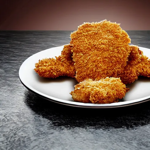 Image similar to breaded chicken with a crown on top in a palace, hyper realistic, 4k