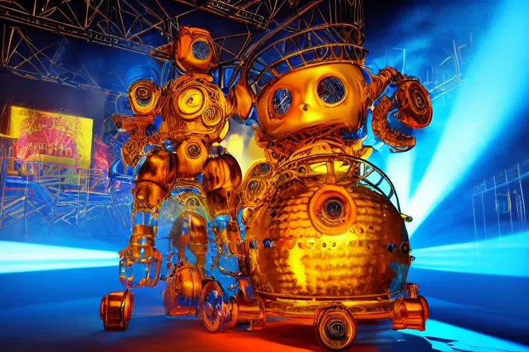 Image similar to scene is la troya party in amnesia in ibiza, portrait photo of a giant huge golden and blue metal steampunk robot, with gears and tubes, eyes are glowing red lightbulbs, shiny crisp finish, 3 d render, 8 k, insaneley detailed, fluorescent colors, haluzinogetic, background is multicolored lasershow