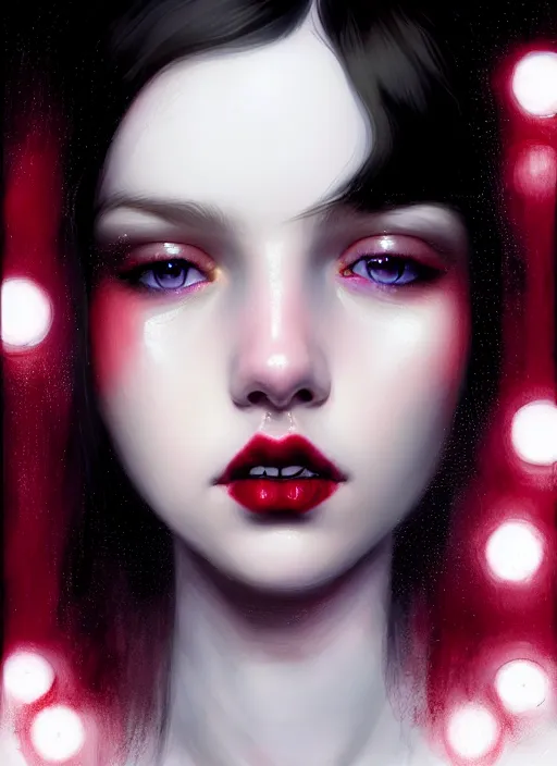 Image similar to portrait of teenage girl, red irises, red eyes, black hair, white bangs, purple lipstick, white bangs, bangs, black hair and white bangs, intricate, elegant, glowing lights, highly detailed, digital painting, artstation, concept art, smooth, sharp focus, illustration, art by wlop, mars ravelo and greg rutkowski