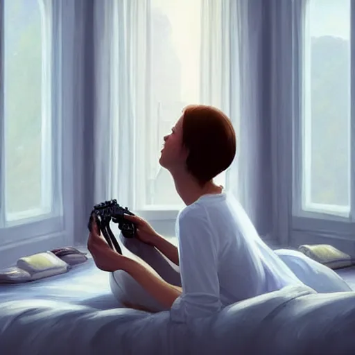 Prompt: Epic portrait a woman playing videogames in her room during nighttime, blurred backround, city window view, white t shirt and brown bang hair, digital painting, artstation, concept art, soft light, hdri, smooth, sharp focus, illustration, fantasy, intricate, elegant, highly detailed, D&D, matte painting, in the style of Greg Rutkowski and Alphonse Mucha and artemisia, 8k, highly detailed, jurgens, rutkowski, bouguereau, pastoral, rustic, georgic