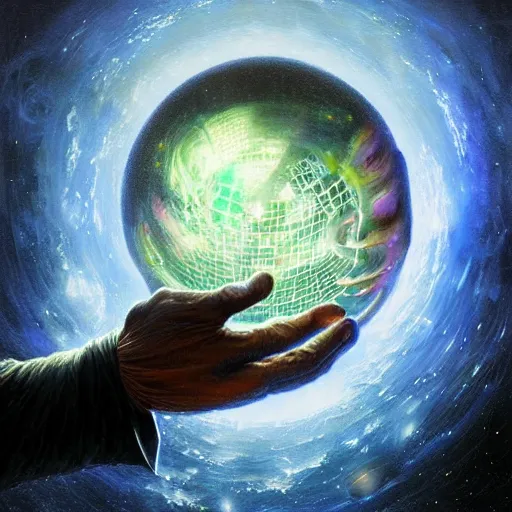 Image similar to the creator of worlds wearing a cloak and holding a holographic planet projection in his hand, detailed, sci - fi, digital painting, artstation, sharp focus, illustration, ominous, artgerm, tomasz alen kopera, peter mohrbacher, donato giancola, joseph christian leyendecker, wlop, frank frazetta