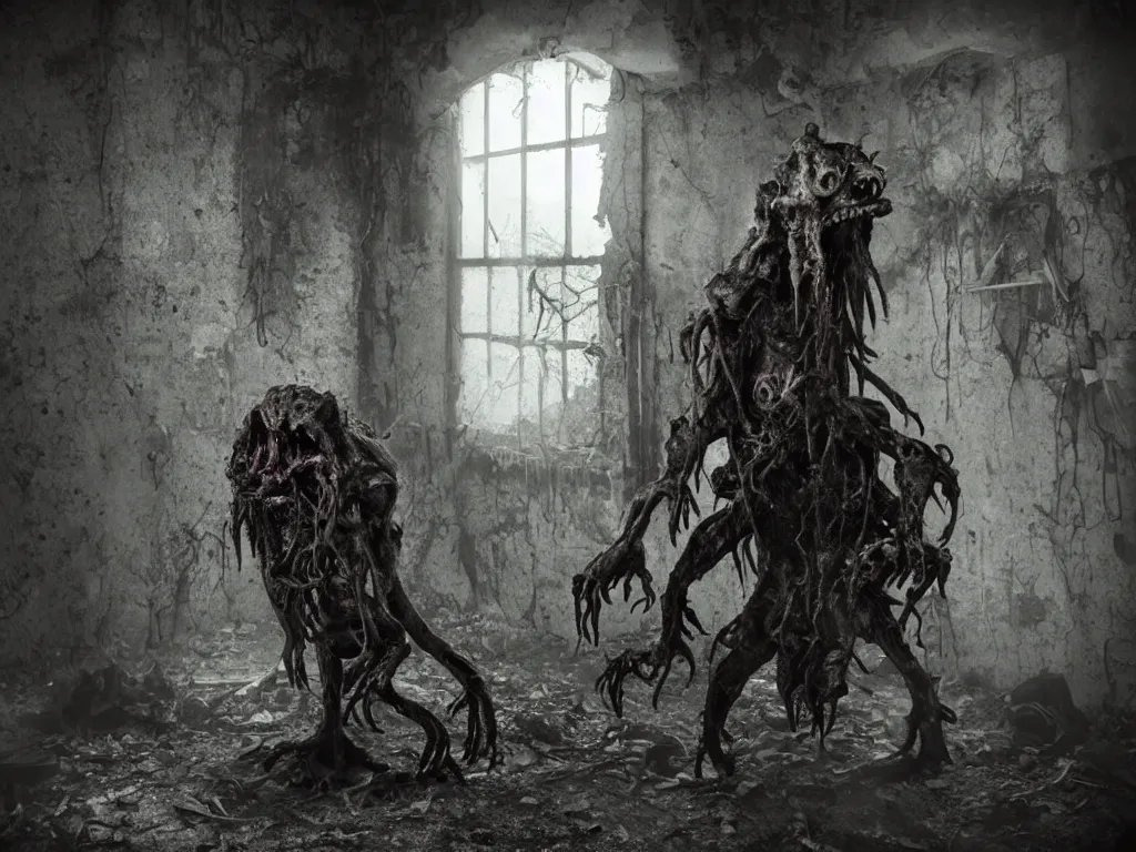 Prompt: mutant hunchback creature lurking in the corner of a room in an abandoned building, dirty windows, debris, tentacle beast, dust, bleak apocalyptic style, creepypasta, ominous vibe, sharp fangs