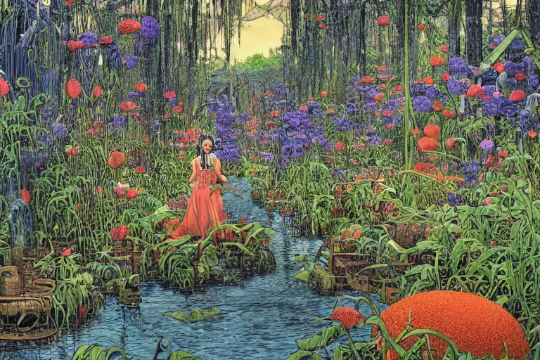 Image similar to super - detailed scene twilight junkyard, louisiana swamps, indigo blooming flowers garden, 8 k, 8 0 s japanese sci - fi books art, artwork by jean giraud