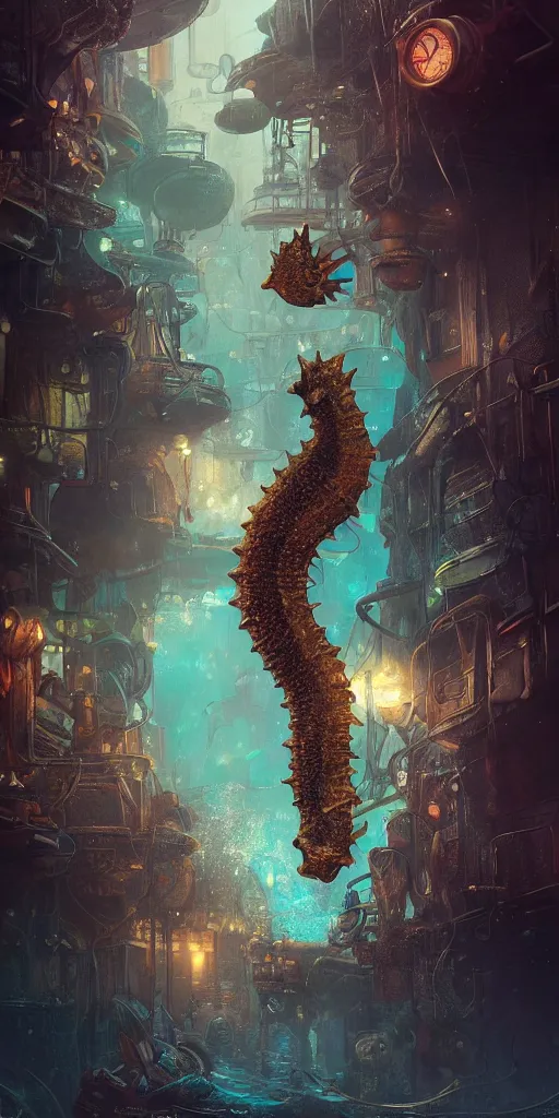 Image similar to a seafloor view of a seahorse swimming on the street corner of the steampunk city of Atlantis by Cedric Peyravernay, highly detailed, full view of seahorse, excellent composition, cinematic concept art, dramatic lighting, trending on ArtStation