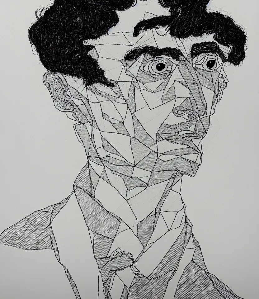 Prompt: detailed line art portrait of franz kafka, inspired by egon schiele. caricatural, minimalist, bold contour lines, musicality, soft twirls curls and curves, confident personality, raw emotion