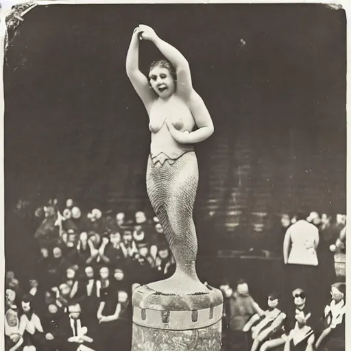 Image similar to mermaid on a circus, crowd shocked, 3 5 mm, 1 9 2 0, photograph