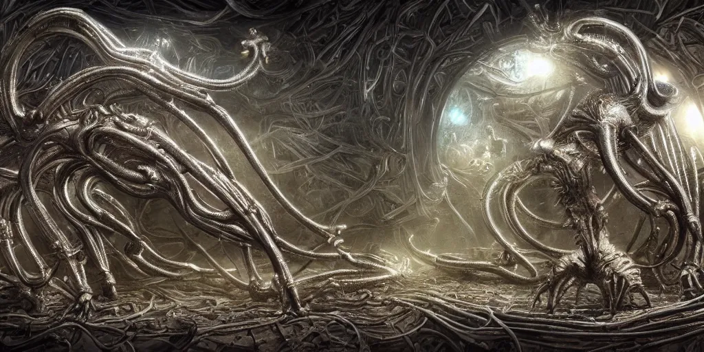 Prompt: an incredibly hyper realistic organic world of metallic beings in the style of h. r. giger by dr. seuss, cinematic colors, behance contest winner, global illumination, radiant light, detailed and intricate environment