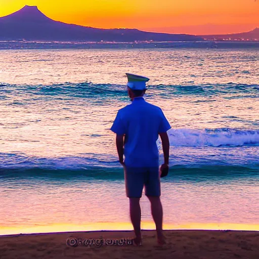 Image similar to a sailor watching the sunset with diamond head hawaii in the background