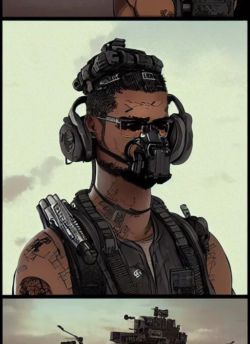 Image similar to Dangerous Tojo. buff Samoan cyberpunk mercenary wearing a cyberpunk tactical headset and military vest. AR-15. square face. Realistic Proportions. Concept art by James Gurney and Laurie Greasley. Moody Industrial skyline. ArtstationHQ. Creative character design for cyberpunk 2077.