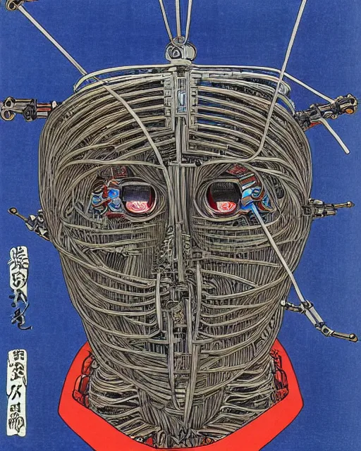 Prompt: Hiroshige portrait of a robot saint made of cables and robotic pod by Claudio Mazzoli