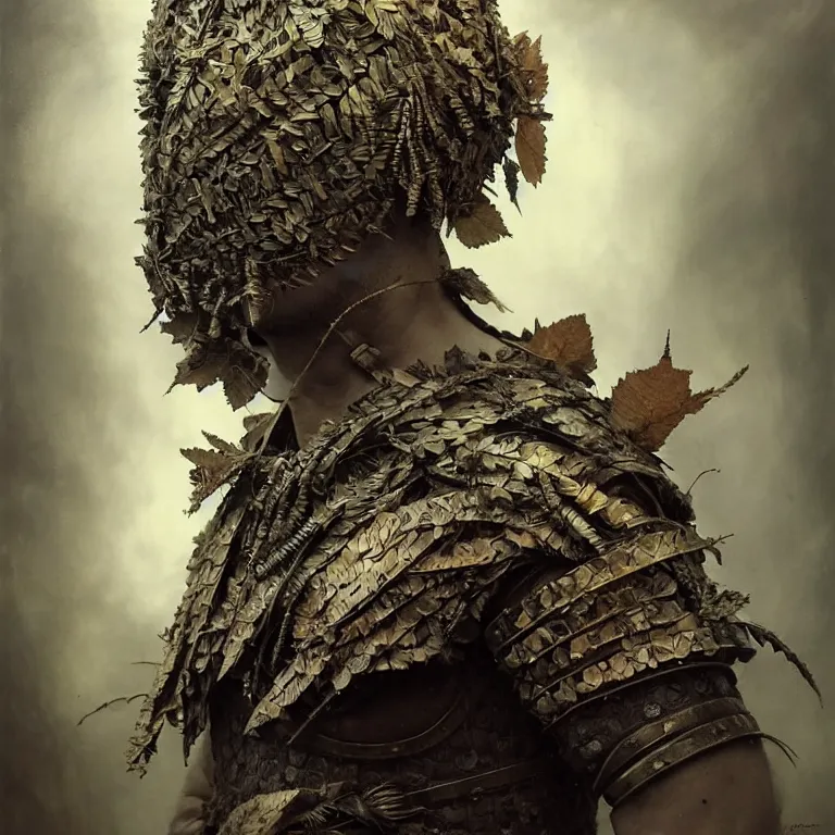 Image similar to old tintype portrait of a realistic armour made of leaves, no face, dramatic light, dystopian environment, intricate, elegant, highly detailed, centered headdress, artstation, concept art, sharp focus, artgerm, tomasz alen kopera, peter mohrbacher, donato giancola, joseph christian leyendecker, wlop, boris vallejo