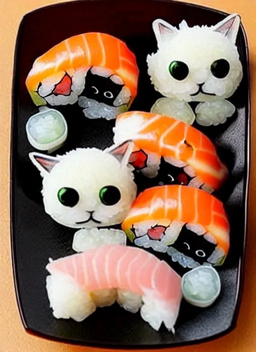 Image similar to clear photorealistic picture of adorable cats made out of sushi