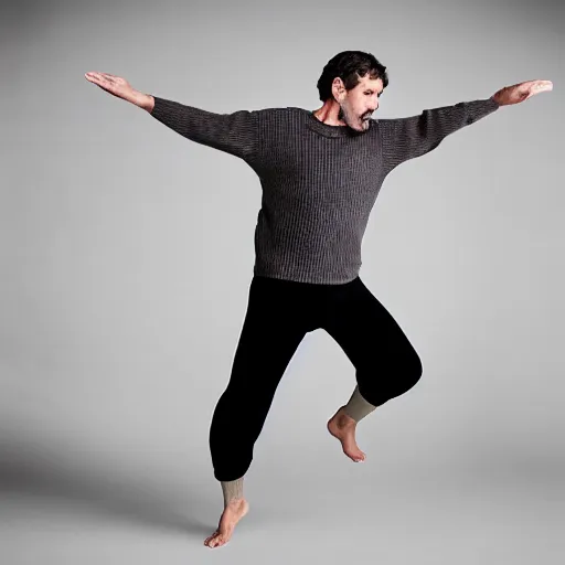 Image similar to richard iv the roman king, excited real human wearing cashmere pyjama, soft studio lighting, sigma lens photo, he is dancing dirty dancing