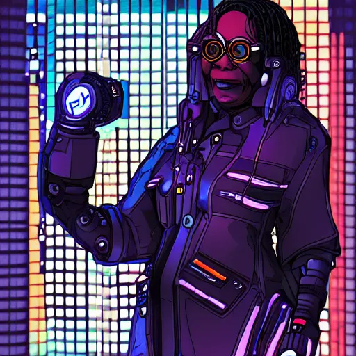 Image similar to cyberpunk robotic whoopi goldberg, sharp lines, digital, artstation, colored in