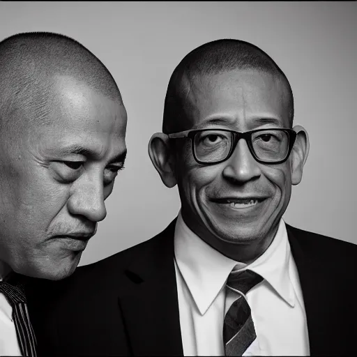 Image similar to b & w shot of pollo hermano w / gus fring ( eos 5 ds r, iso 1 0 0, f / 8, 1 / 1 2 5, 8 4 mm, postprocessed, crisp face, facial features )