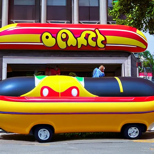 Image similar to very weird, very wrong concept of the Oscar Mayer Wienermobile on the street, photograph