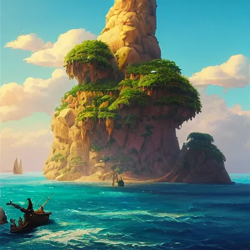 Prompt: a painting of an island with a pirate ship on it, a detailed matte painting by RHADS, cgsociety, fantasy art, matte painting, artstation hq, matte drawing, by makoto shinkai and Beeple Jorge Jacinto
