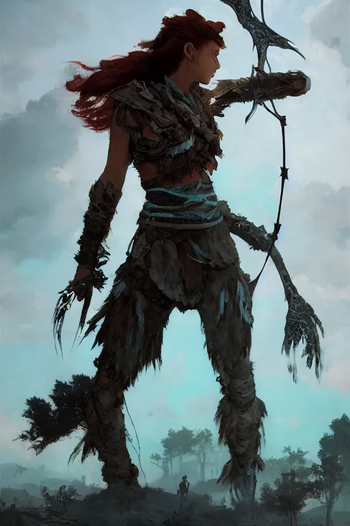 Image similar to !dream Aloy from Horizon Zero Dawn silhoutte, female archer, atmospheric environment, Character Design, demonic presence, Holy Heavenly Host Divine Angelic Army. Beeple, grimshaw, thomas cole, ismail inceoglu, winslow homer, greg rutkowski, gerald brom, marc simonetti, simon stalenhag, anton fadeev, donglu yu