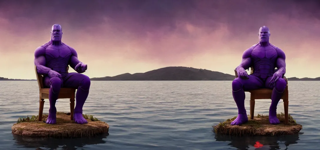 Prompt: a very high resolution image from a new movie. thanos sitting on chair in a lake, photorealistic, photography, directed by wes anderson