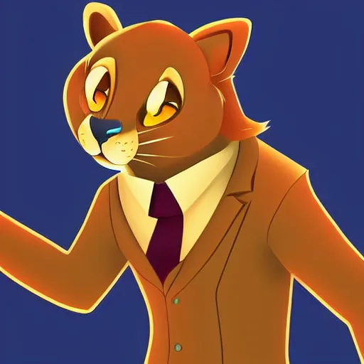 Image similar to a cartoon drawing of main character portrait anthro anthropomorphic mountain lion head animal person fursona wearing suit and tie furry 2 d masterpiece commission art solid background