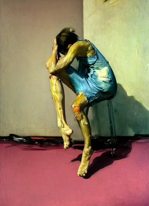 Image similar to an insane, skinny, artist wearing torn overalls, expressive emotions, inside a grand messy studio, depth of field, hauntingly surreal, highly detailed oil painting, by francis bacon, edward hopper, adrian ghenie, glenn brown, soft light 4 k in pink, green and blue colour palette, cinematic composition, high quality octane render, masterpiece