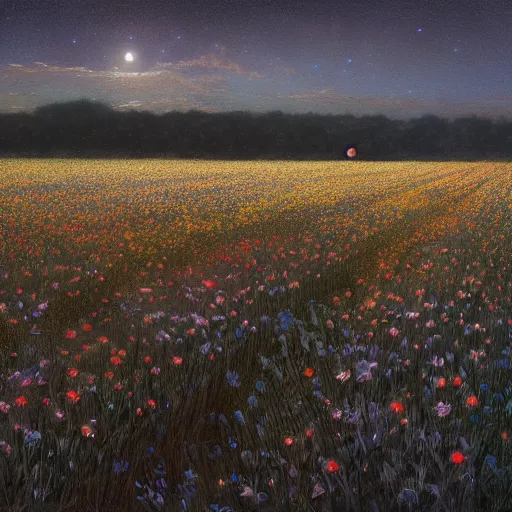 Image similar to field of flowers at night, lit by moonlight, landscape art by donato giancola and greg rutkowski, digital art, trending on artstation, symmetry!!, volumetric lighting