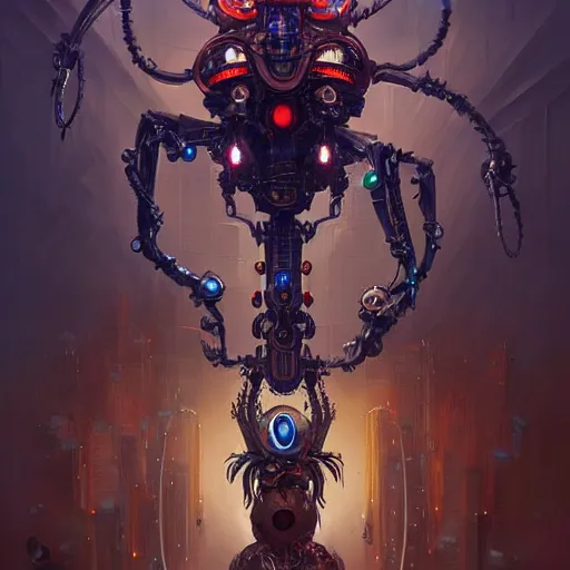 Image similar to biomechanical spider king, cyberpunk, bionics, augments, lights, cables, elegant gleaming intricate baroque jewellery, colorful, vivid, imposing, epic, digital painting, artstation, concept art, by peter mohrbacher and wlop and rhads,