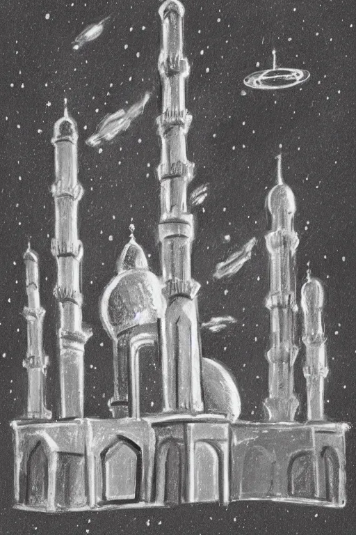 Prompt: a mosque in space in the style of a rough charcoal sketch