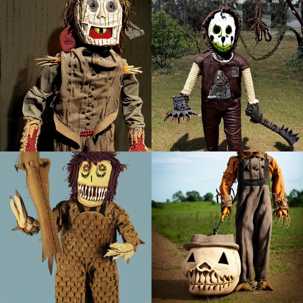 Prompt: scarecrow of a crocodile humanoid, with leatherface, stitched up patches, eerie