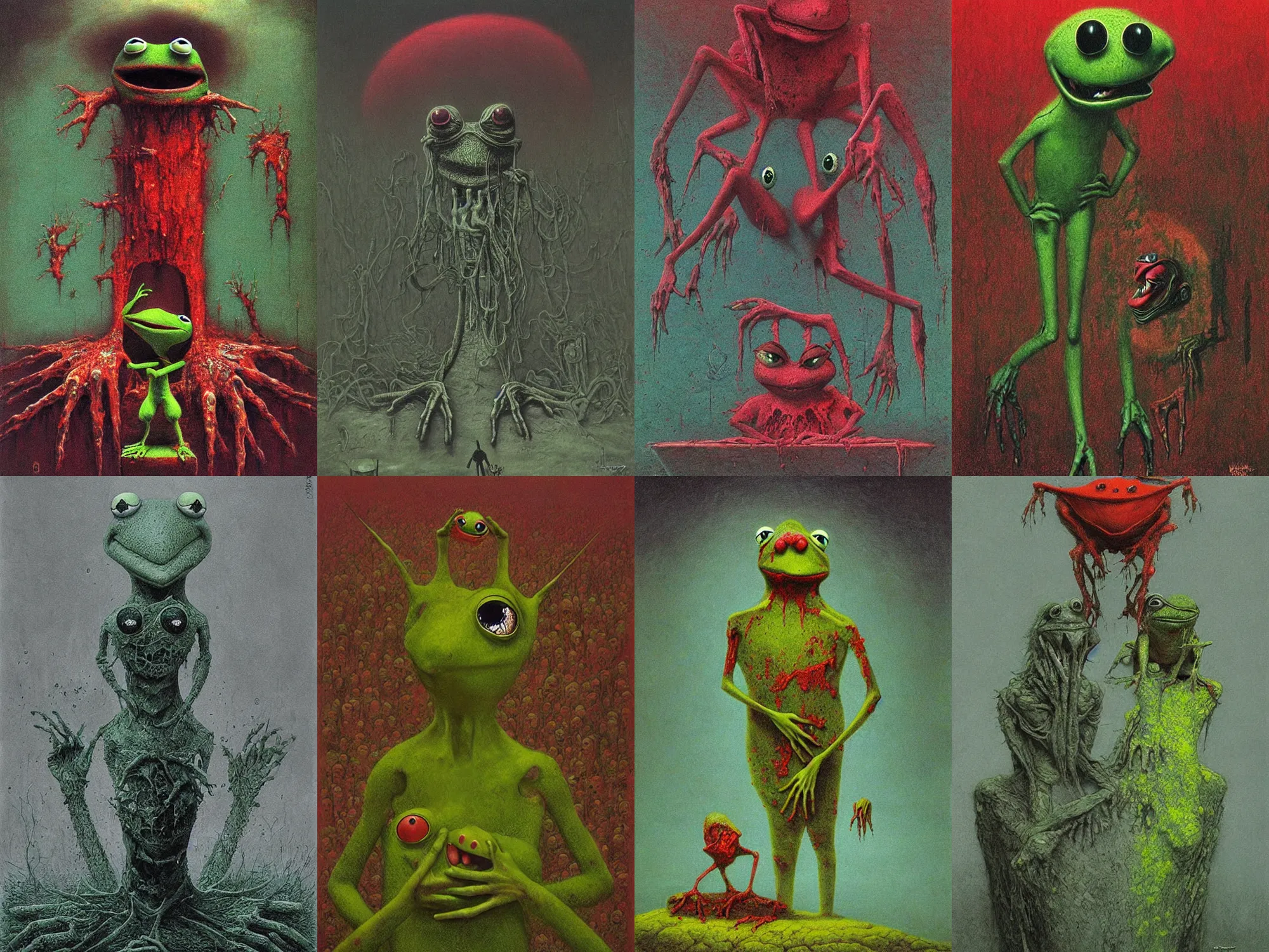 Prompt: bloody Kermit the frog megalophobia , horror ,psychodelic colors , by beksinski