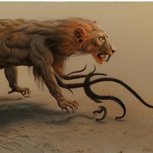 Image similar to manticore prowling in the dessert, concept, lion head and body, scorpion tail, beksinski