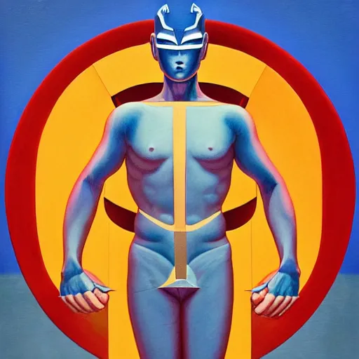 Image similar to ultraman as vitruvian man by james jean and shusei nagaoka, magritte painting, full body, no crop, golden ratio, retrofuturistic, hyper details