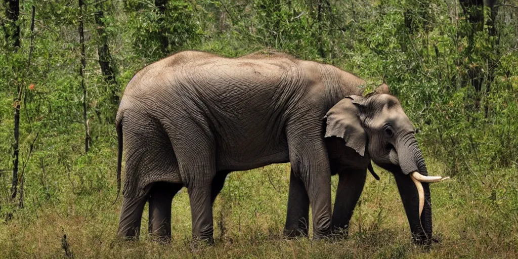 Image similar to photo of an elephant, there is a forest growing out from the skin of it's back