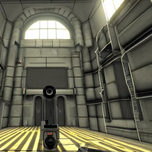 Prompt: a screenshot from a test chamber from the video game, portal, source engine