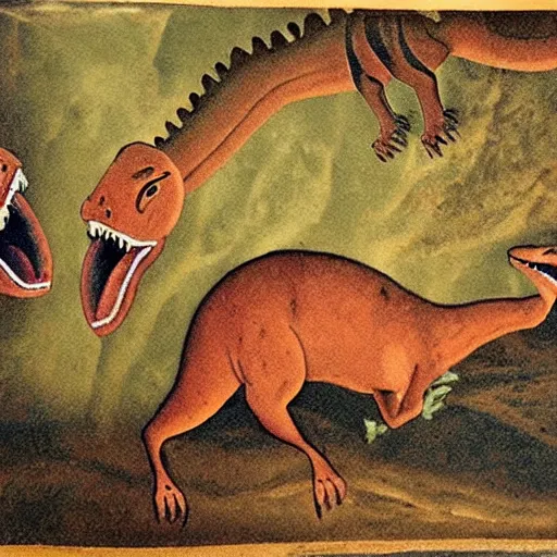 Prompt: cave painting of dinosaurs brutally biting a human,