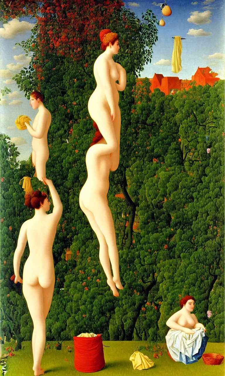 Prompt: the goddess venus emerging from a washing machine. behind her we see sheets of colour bedding hanging on a laundry line. in the background we see a factory. detailed oil painting. henri rousseau. impressionism, colourful