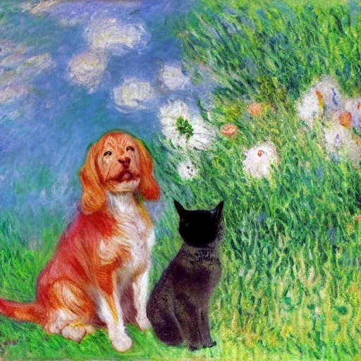 Prompt: cat and dog are friends and sitting near, in the flowers and grass, style of claude monet