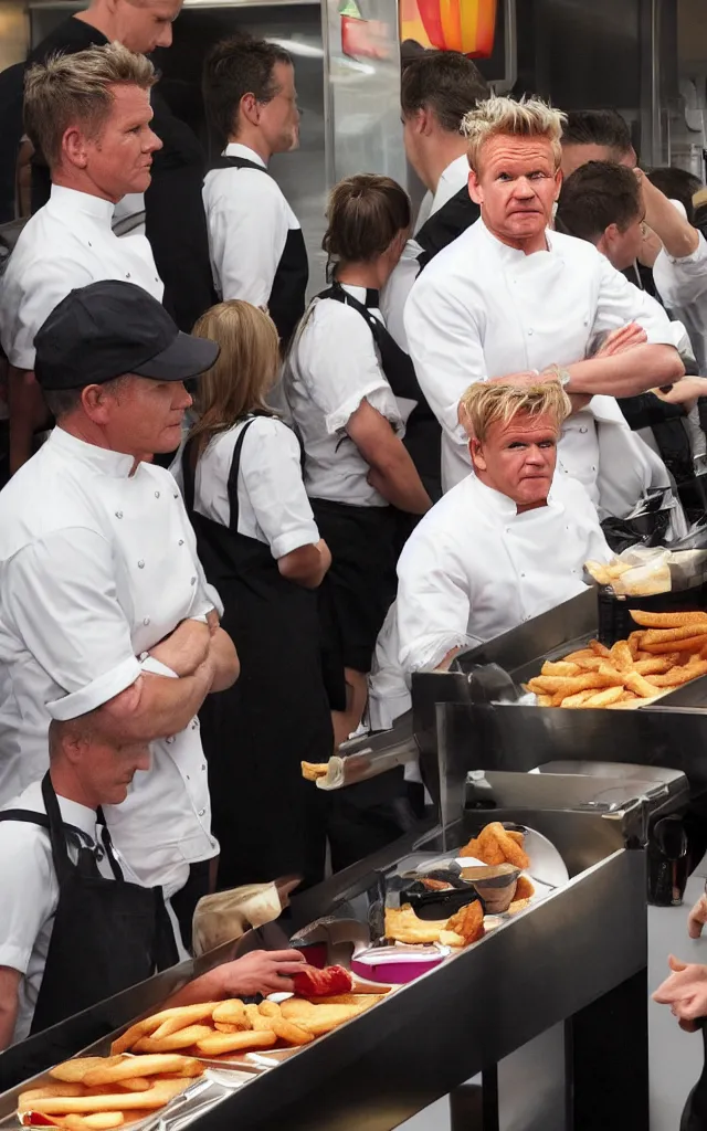 Image similar to gordon ramsay waiting in line at mcdonalds, high detailed sharp photo