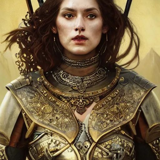 Prompt: Portrait of a majestic fierce viking woman, highly detailed, viking attire, gold plated chest plate, armor skirt, cinematic, 8k, 1080s, by Stanley Artgermm, Tom Bagshaw, Greg Rutkowski, Vincent di Fate, Carne Griffiths, Ayami Kojima, trending on DeviantArt, hyper detailed, full of color, digital art,