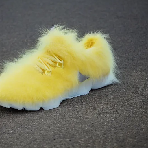Image similar to nike shoe made of very fluffy yellow faux fur placed on reflective surface, professional advertising, overhead lighting, heavy detail, realistic by nate vanhook, mark miner