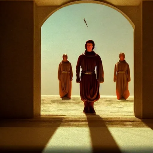 Image similar to colour aesthetic highly detailed photography scene, characters with very highly detailed faces. from dune ( 2 0 2 1 ) by alejandro hodorovski and denis villeneuve and gregory crewdson style with many details by andrei tarkovsky and caravaggio in sci - fi style. volumetric natural light hyperrealism photo on red dsmc 3 system