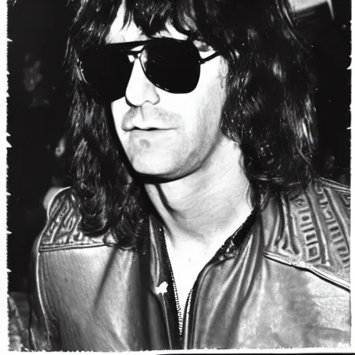 Prompt: Man with long shaggy hair, black sunglasses, black leather jacket and denim jeans, proto-metal concert, concert lighting, Black Sabbath, The Ramones, 1973, super 8mm film