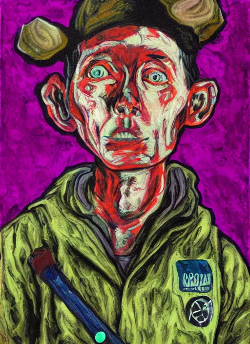 Image similar to scout boy, grotesque, doomed, acrylic paint, gouache on canvas, ugly art, grotesque, high resolution, thermal effect,