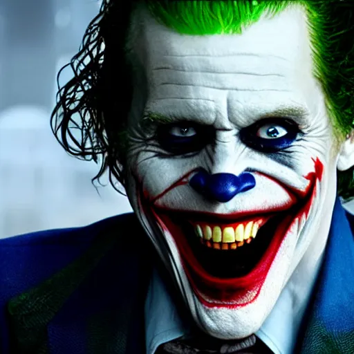 Image similar to 8 k uhd, movie trailer screenshot, william dafoe as the joker