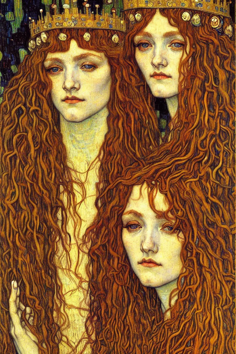 Image similar to detailed realistic beautiful young medieval queen face portrait by jean delville, gustav klimt and vincent van gogh, art nouveau, symbolist, visionary, gothic, pre - raphaelite, muted earthy colors, desaturated