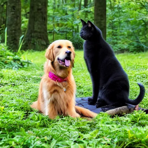 Prompt: golden retriever and a black kitty having a tea party in the forest