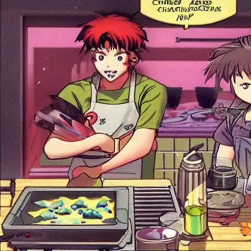 Prompt: conspiratorial toads cook chankonabe, anime 9 0 s, moebius