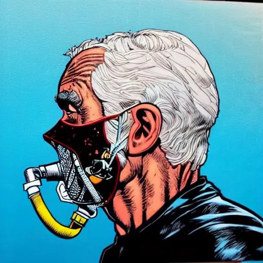 Image similar to a profile photo of an old man with a diving oxygen mask with side profile blood in ocean intricate details by MARVEL comics and Sandra Chevrier-C