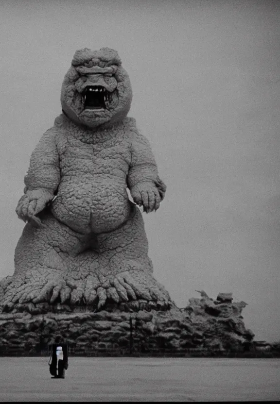 Image similar to Pulgasari the North Korean monster, volumetric lighting, filmstill, produced by Kim Jong-il, Kodachrome, kaiju-eiga, starfish monster movie, communist propaganda, film noir, 35mm film grain, Cooke Varotal 20-100mm T3.1, monochrome, in the style of Ishirō Honda and Akira Kurosawa