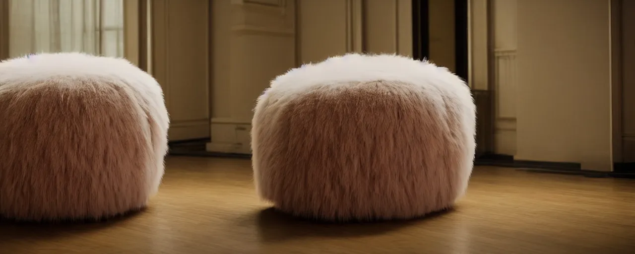 Image similar to a strange huge fluffy furry poufs ottomans sits in the room, film still from the movie directed by denis villeneuve with art direction by zdzisław beksinski, close up, telephoto lens, shallow depth of field